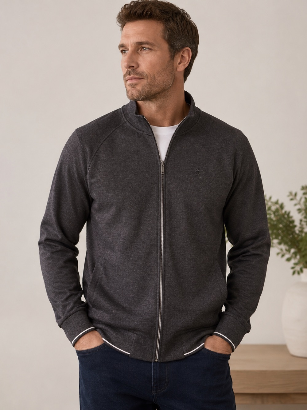Robert Graham Full Zip Track Jacket XL Charcoal Gray Mock Neck Lightweight